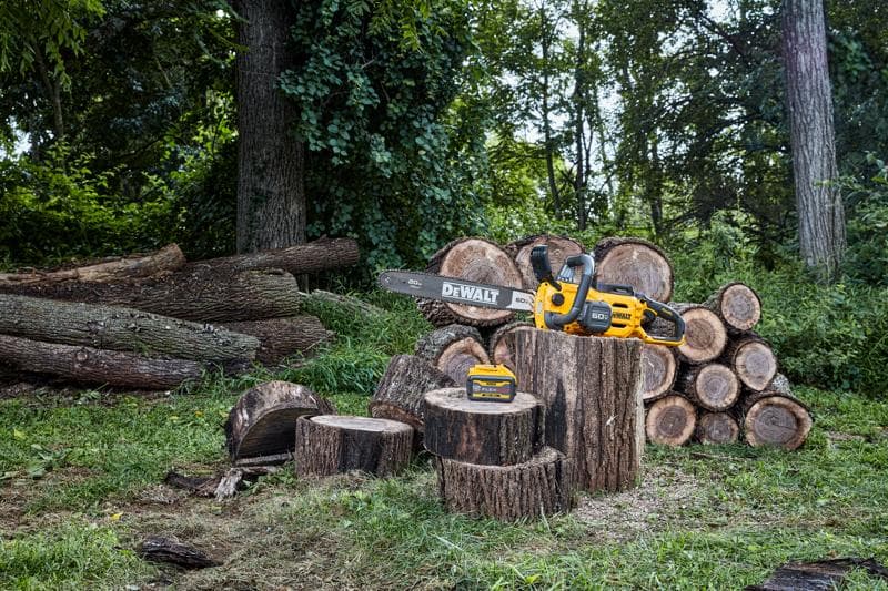 A DEWALT cordless chainsaw and battery are placed on cut tree stumps outdoors, with a background of stacked logs and trees.