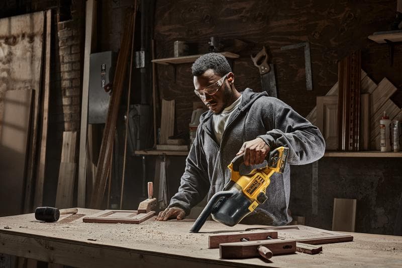 A person using a DEWALT portable vacuum cleaner model DCV501HB to clean sawdust from a workbench in a woodworking shop. Various tools and wooden pieces are visible on the table and shelves in the background.